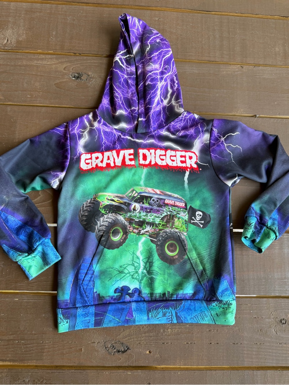 Grave Digger hoodie kids size 8 Green & Purple Kids Hoodie